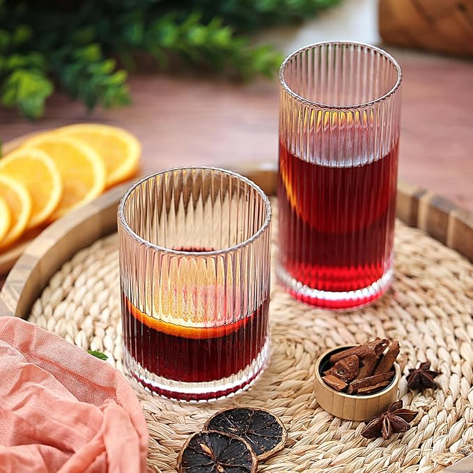 Moretoes Ribbed Drinking Glasses Set of 12, Water Glass Cups | Mixed Glassware - Image 6