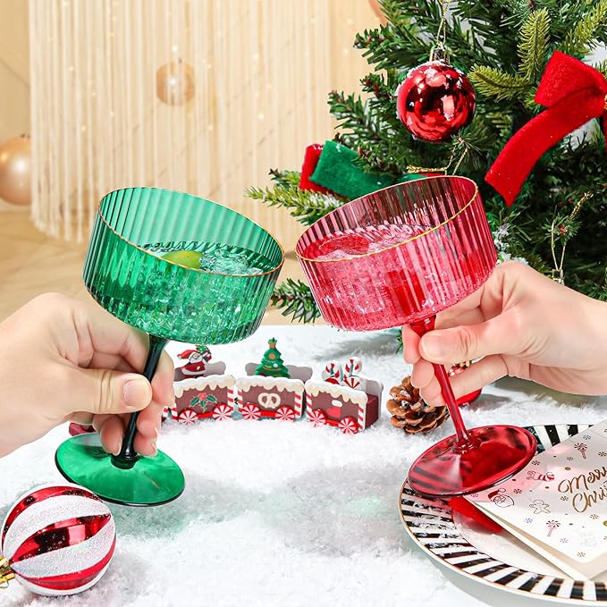 12 PCS Plastic Martini Glasses 10 oz Detachable Gold Rim Green Ribbed Coupe Glasses Vintage Christmas Martini Cocktail Glass for Bar,Margarita,Gin,Tequila, Desserts and Snacks