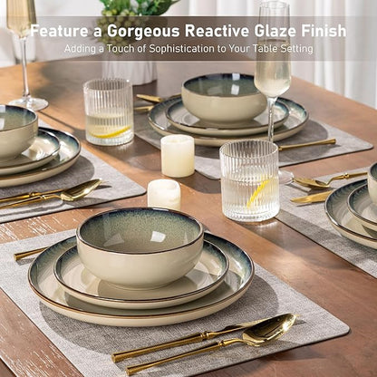 GBHOME Ceramic Dinnerware Sets for 6, 18 Pieces Stoneware Plates and Bowls Sets, Reactive Glaze Dishes -Scratch Resistant, Dishwasher&Microwave Safe,Pale Khaki