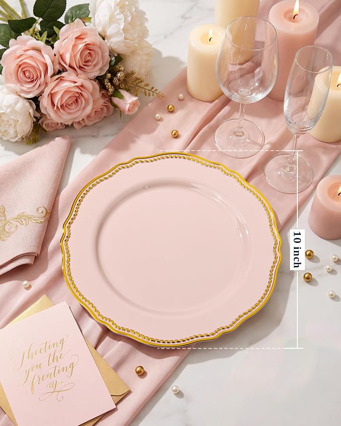 60 Pcs Pink Gold Dinner Plates for Wedding | 10 inch Heavy-duty Disposable - Image 2