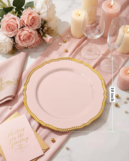60 Pcs Pink Gold Dinner Plates for Wedding | 10 inch Heavy-duty Disposable - Image 2