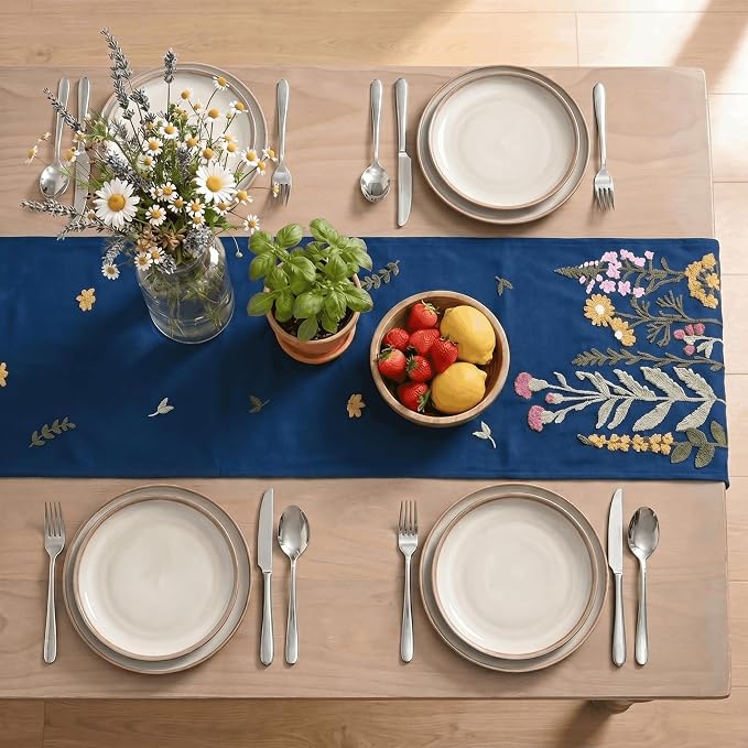 Artoid Mode Dark Blue Soft Chain Embroidery Wild Floral Spring Table Runner - Image 3