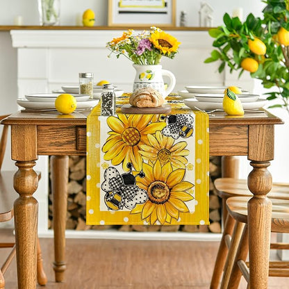 Artoid Mode Sunflower Bee Flower Polka Dot Summer Table Runner, Seasonal - Image 2