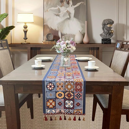 Floral Table Runner with Tassel Edges, Cotton Blend Decorative Runner - Image 2