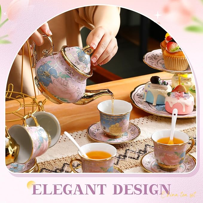 21 Pcs Ceramic Teapot Set Vintage Porcelain Tea Cups - Image 4