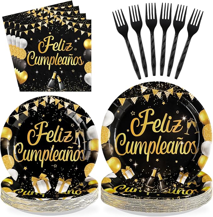 96 Pcs Feliz Cumpleaños Black and Gold Decorations, Serves 24 | Feliz by Greencian