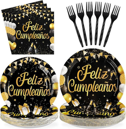 96 Pcs Feliz Cumpleaños Black and Gold Decorations, Serves 24 | Feliz by Greencian