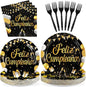 96 Pcs Feliz Cumpleaños Black and Gold Decorations, Serves 24 | Feliz by Greencian