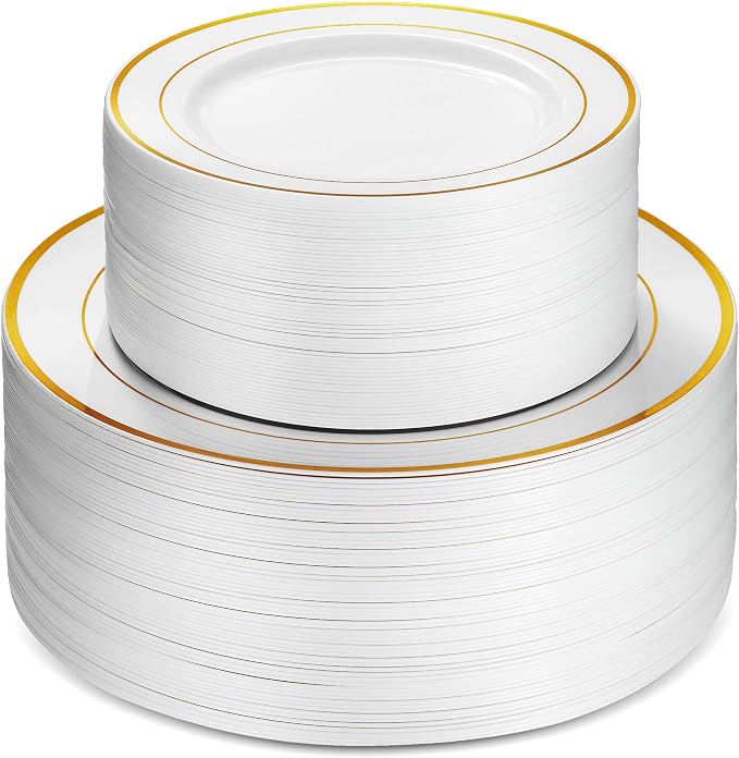100 Piece Plastic Party Plates White Gold Rim, 50 Premium Heavy Duty 10.25 Inch by Munfix