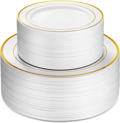 100 Piece Plastic Party Plates White Gold Rim, 50 Premium Heavy Duty 10.25 Inch by Munfix