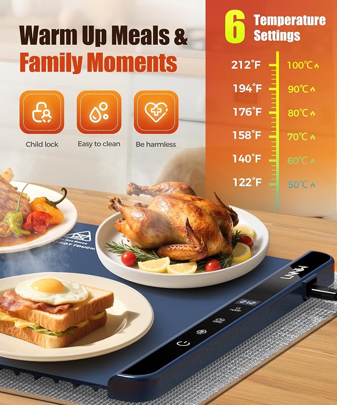 Warming Mat for Food, 26x15 Inch, Dark Blue, Fast Heat, Child Lock | Includes - Image 3