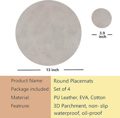 Set of 4 Faux Leather Round Placemats and Coasters, Coffee Mats Kitchen Table Mats, Waterproof, Easy to Clean for Kitchen Dining Round Table