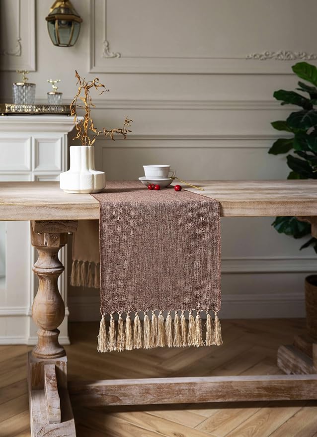 Brown Table Runners 48 Inches Long, Burlap Linen Style Rustic Farmhouse Table - Image 3