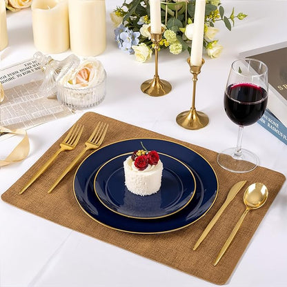 bUCLA 100PCS Blue Plastic Plates - Navy Blue Disposable with Gold Rim, Include 50 Each (10 inch Dinner & 7 inch Dessert) Plates, Ideal for Party and Hanukkah
