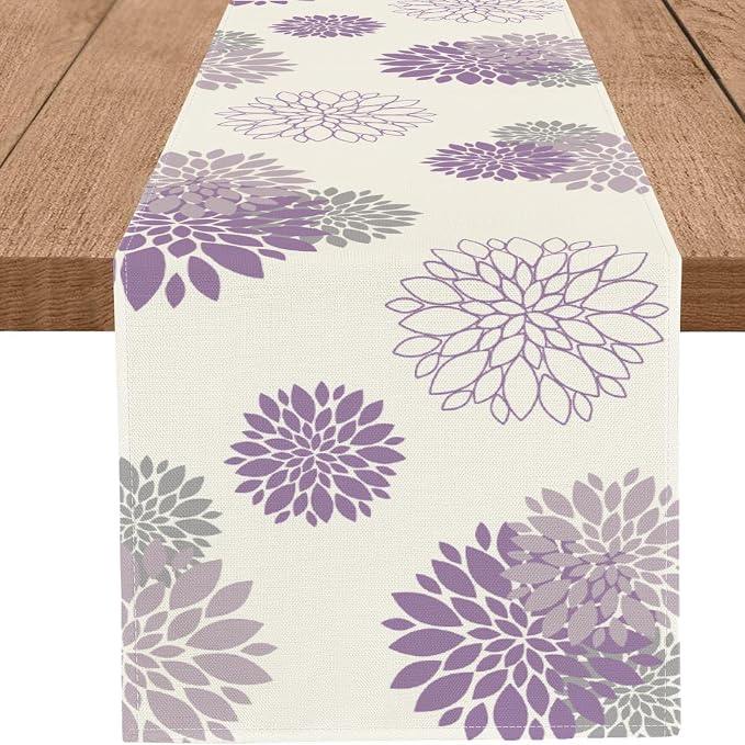 Purple Dahlia Table Runner Modern Elegant Flower Beige Table Runners Geometric by WHOMEAF