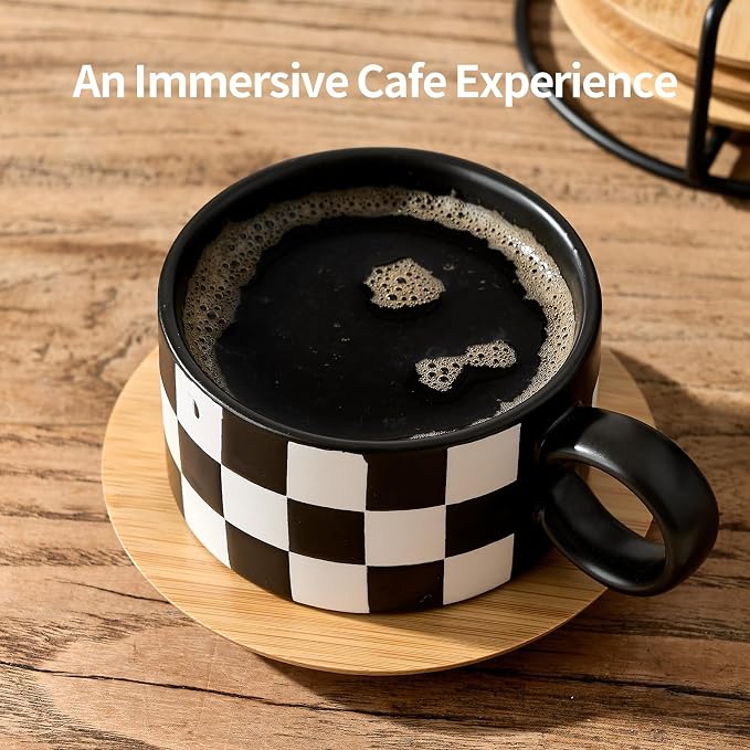 LUKA 6 Ounce Ceramic Stackable Black and White Checkered Espresso Cups - Image 3