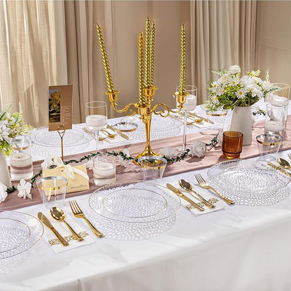 DaYammi 100 Pcs Gold Plastic Plates - 10 inch Clear Gold Dinner Plates Plastic Plates Disposable - Hammer Pattern Design - Fancy Disposable Plate - Heavy Duty Party Plate Ideal for Wedding