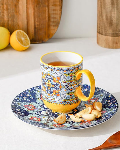 HENXFEN LEAD Boho Ceramic Coffee Mugs Set of 6 – 14 oz Porcelain Cups for Latte, Cappuccino, Tea & Cocoa – Microwave & Dishwasher Safe