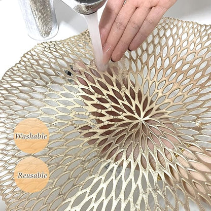 Placemats Set of 6, Round Placemats Gold 15 Inch Washable Vinyl Place Mats Dining Table Mats for Anniversary Wedding Party Kitchen Decorations