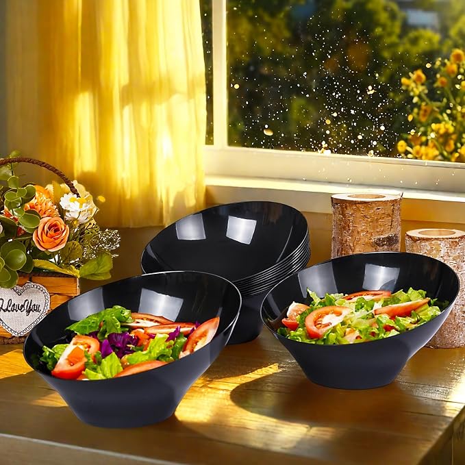bUCLA 12 Pack Black Plastic Serving Bowls - 20 OZ Angled Bowls Disposable - Image 7