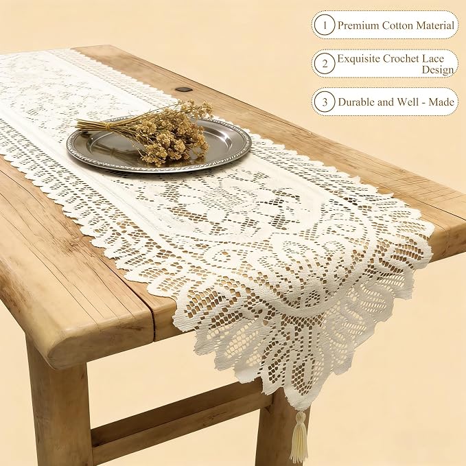 Tinsow 2 Pack Cotton Crochet Lace Rectangular Table Runner Dresser Scarf Doilies - Image 4