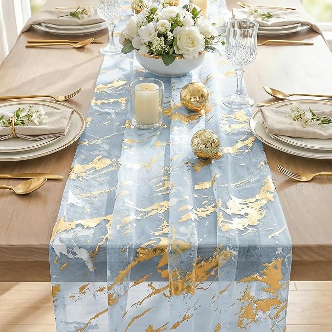 Artoid Mode Marble Pattern Light Blue Gauze Table Runner 10FT, Glitter Metallic - Image 6