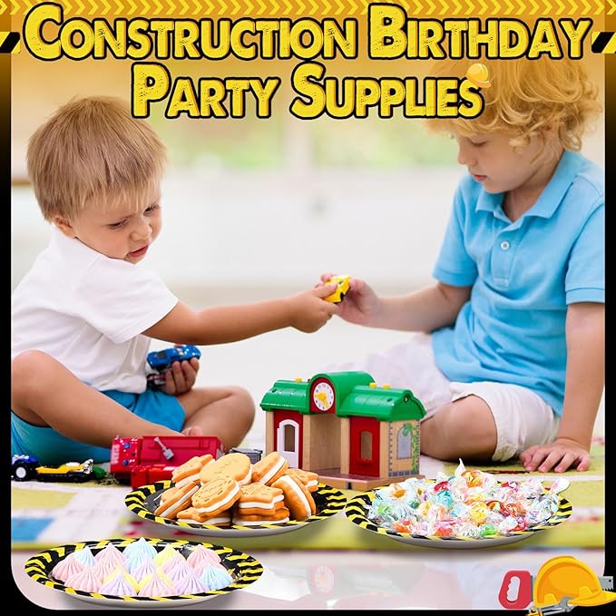 60 Pcs Construction Birthday Party Decor 7 Inch Construction Cake Dessert Paper Plates Dump Truck Digger Vehicle Excavator Disposable Black and Yellow Tableware for Boys Baby Shower Supplies