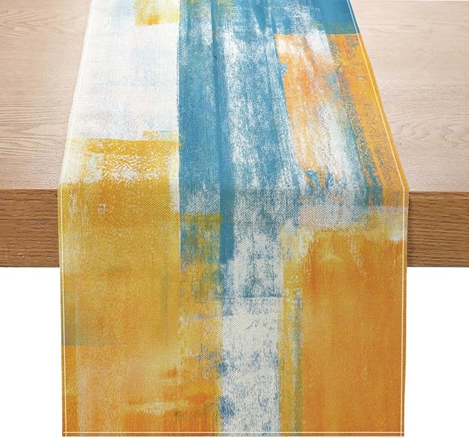 Orange and Blue Table Runner 13x72 Inch Modern Abstract Art Painting Kitchen by ZCHOMI