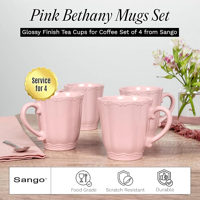 SANGO Bethany Pink Mugs Set of 4, 15 oz Stoneware Pink Coffee Mugs, Vibrant - Image 2