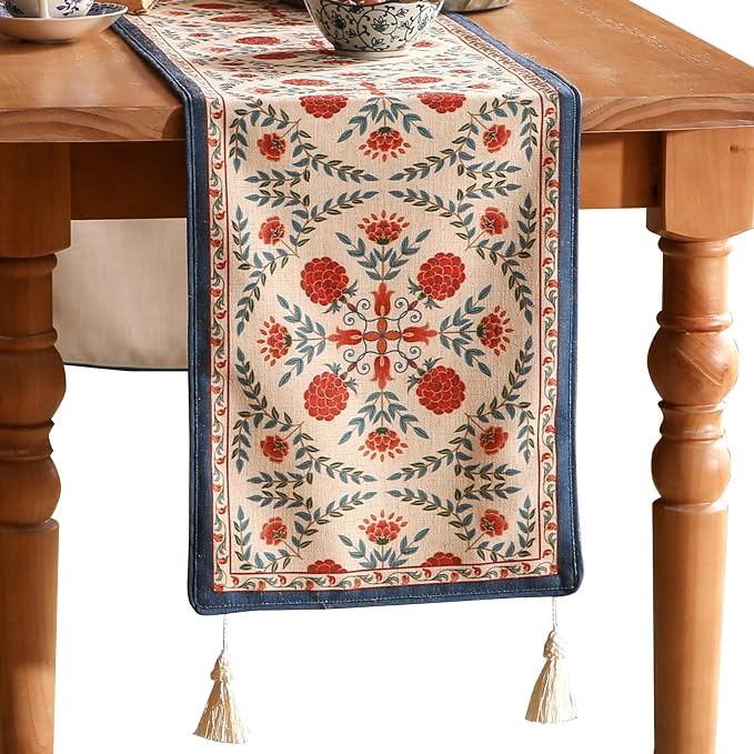 Patdrea Designer French Elegant Linen Table Runner, Colorful Floral Pattern by patdrea