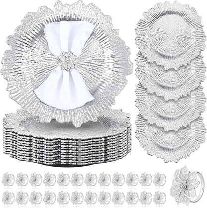 Dandat 48 Pcs Charger Plate Bulk 13'' Floral Reef Plates with Napkin Ring Plastic Dinner Charger Hollow Out Flower Napkin Holder Plastic Plate for Table Setting Wedding Party (Silver)