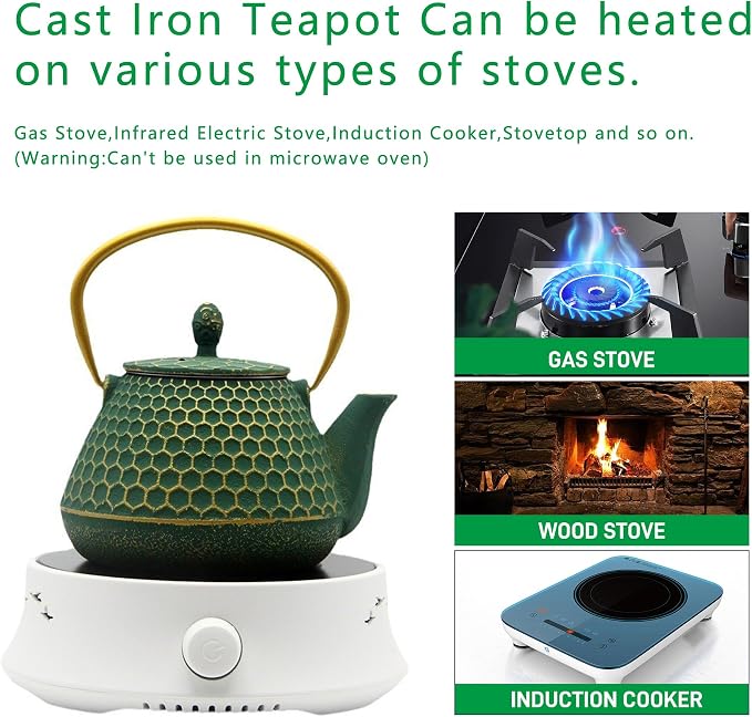 YJX Cast Iron Teapot and Cups Set, 33.8oz Hexagon Pattern Tea Pot Enameled - Image 8