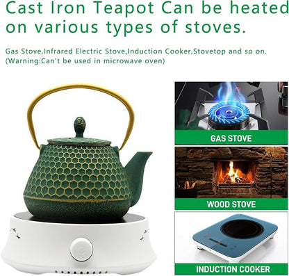 YJX Cast Iron Teapot and Cups Set, 33.8oz Hexagon Pattern Tea Pot Enameled - Image 8