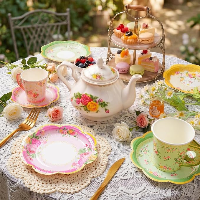 Disposable Tea Cups and Saucers, Floral Paper Tea Cups and Plates Serves 40 | - Image 4