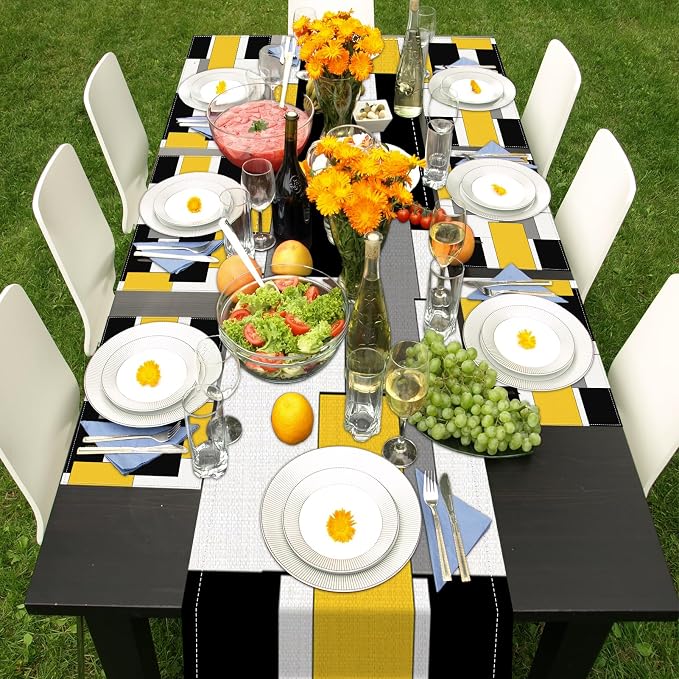 Table Runner and Placemats Set of 6, Abstract Geometric | Yellow Black Grey Art - Image 7
