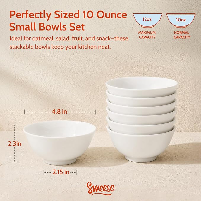 Sweese 10 oz Ceramic Bowls Set of 6, Oatmeal and Snacks, Stackable Small - Image 3