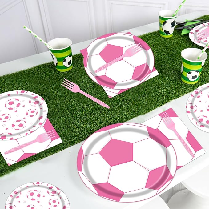 Rakuto Pink Soccer Party Decorations 96PCS Plates Napkins Set | Pink Soccer - Image 5