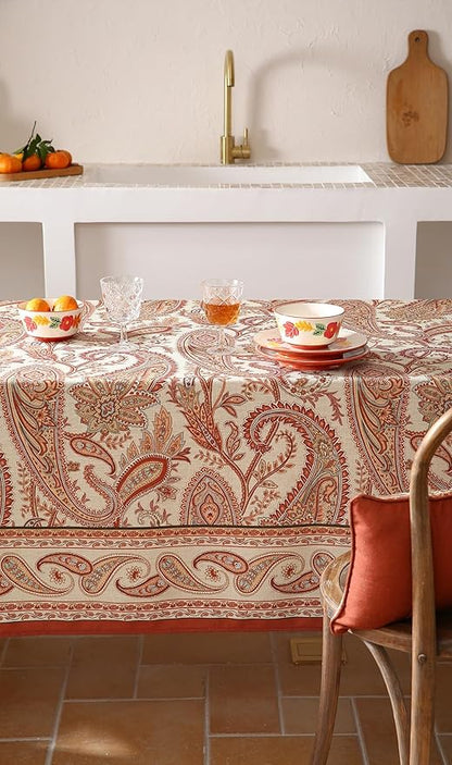 ISAENNE Designer French Red Tablecloth Rectangular,Fall Linen Table Cloth with Cashew Pattern,Stain Proof Decor Tablecloths for Dining Thanksgiving Kitchen Christmas,55"*79"-Chauffrey D