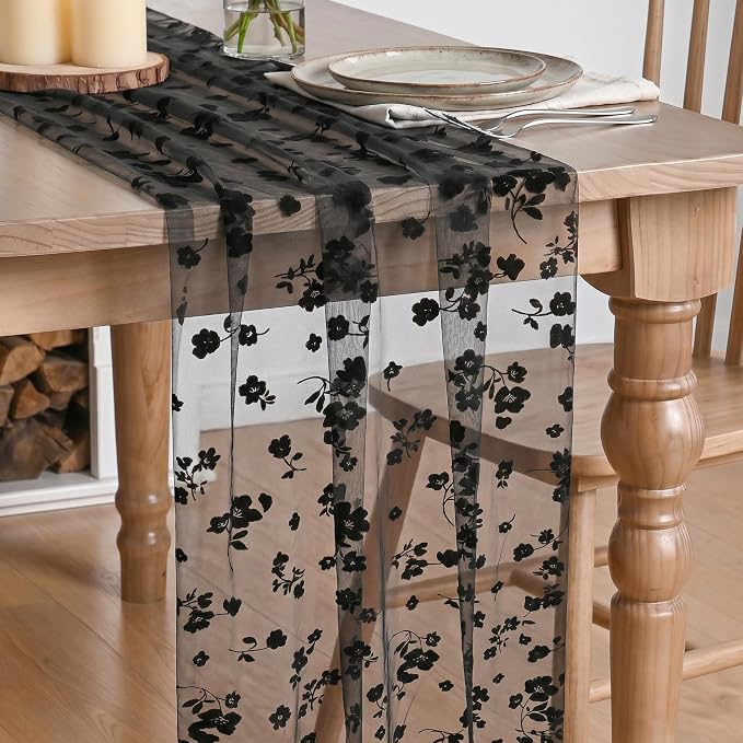 Artoid Mode Black Gauze Flocking Flowers Table Runner 10FT, Halloween Sheer by ArtoidMode