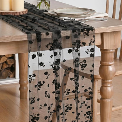 Artoid Mode Black Gauze Flocking Flowers Table Runner 10FT, Halloween Sheer by ArtoidMode