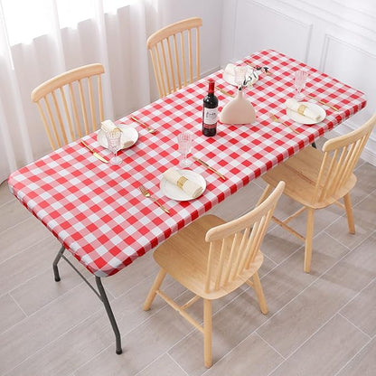 Smiry Rectangle Picnic Table Cloth, Elastic Waterproof Fitted Vinyl Tablecloths, Flannel Backed Buffalo Plaid Table Covers for Dining, Camping, Outdoor (White and Red, 30" x 72")