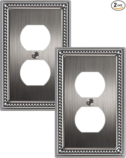 2-Pack Duplex Outlet Cover, Silver Metal Wall Plates for Electrical Outlets, 1 Gang Receptacle Light Switch Cover, Pearls Beaded Decorative Switch Plates and Outlet Covers