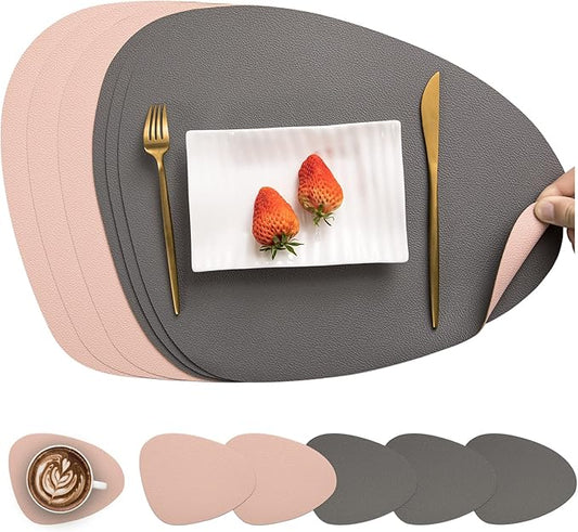 Myir JUN Placemats, Dual-Sided Placemats Waterproof Faux Leather Placemats Set of 6 Place Mats and Coasters Non-Slip Washable Table Mats for Dining Table (Gray Pink, Set of 6)