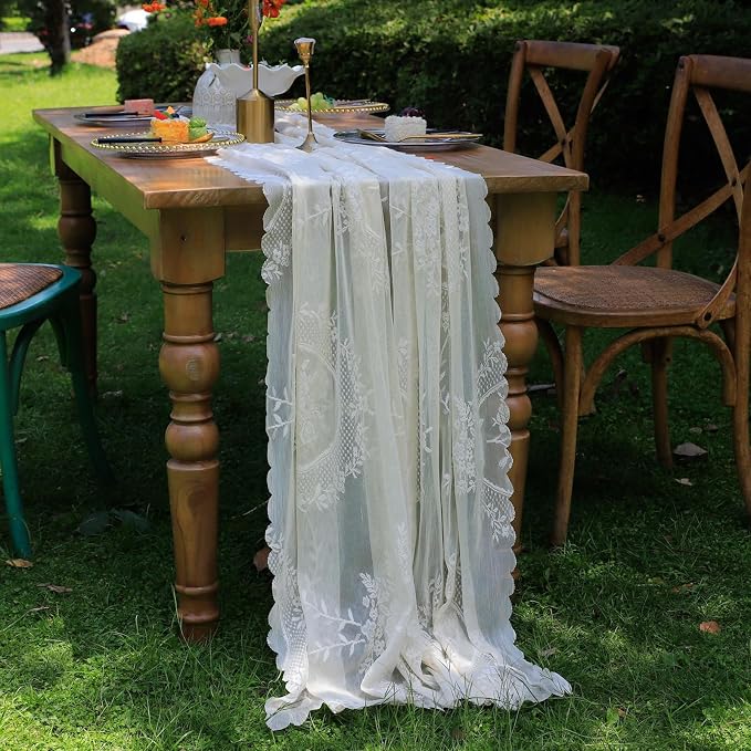 vctops White Lace Table Runner 120 inch 10FT Floral Embroidered Boho Farmhouse - Image 2