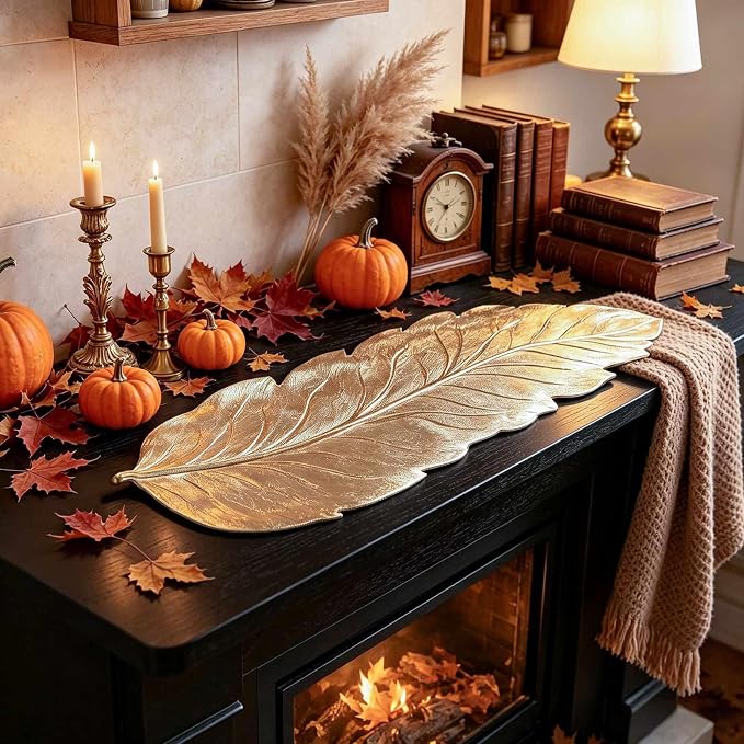 Gold Leaf Table Runner 36 Inch Small Dresser Vinyl Runner Fall Decor | Heat - Image 2