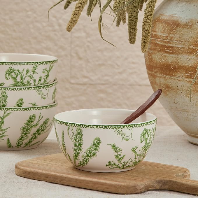 Bico Green Garden Toile De Jouy Cereal Bowls Set of 4, 26 oz Deep Ceramic Soup - Image 4