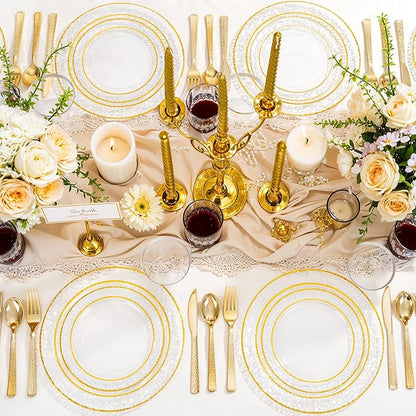 Ciaell 150PCS Clear Gold Plastic Plates - Disposable Gold Rim Plates include 25Dinner Plate, 25Dessert Plate, 25Forks, 25Knives, 25Spoons, 25Cups for Wedding & Party