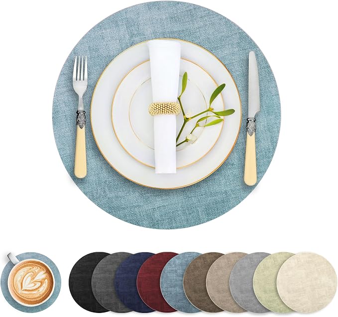 Round Faux Leather Placemats and Coasters, Reversible Heat Resistant Non-Slip by LANDVIEW