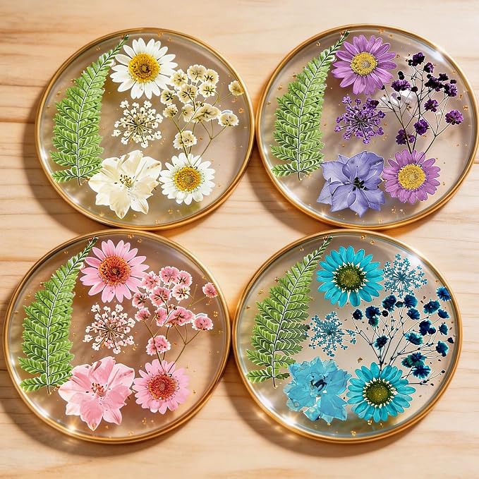 Oqplog Resin Drink Coasters for Desk Coffee Table-Cute Dried Flowers Round by Oqplog