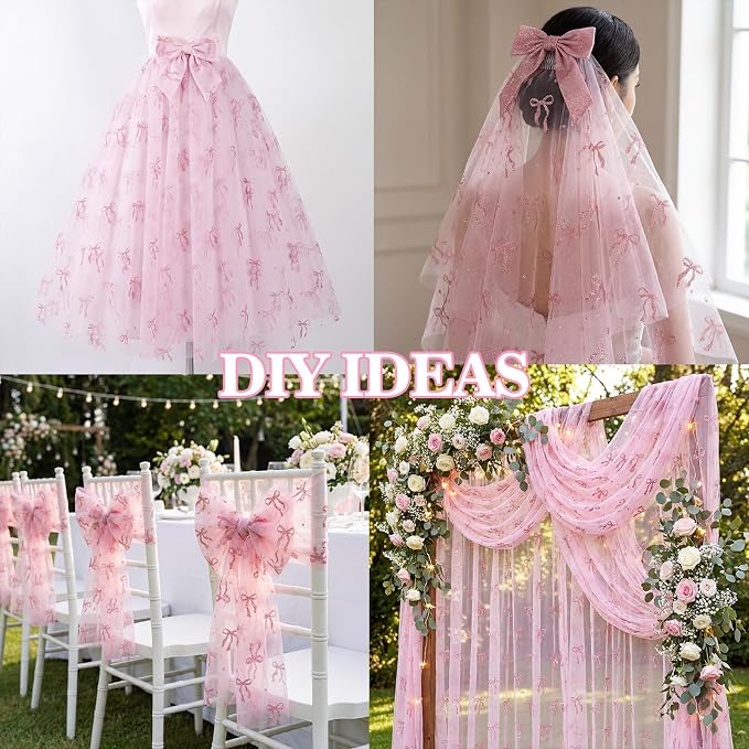 4 Pcs Pink Bow Table Runners 29 x 70 Inch Pink Tulle Lace Table Runner Coquette - Image 6